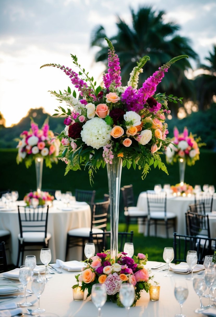 Tall, bold floral centerpieces stand out on outdoor wedding tables, creating a dramatic and elegant atmosphere