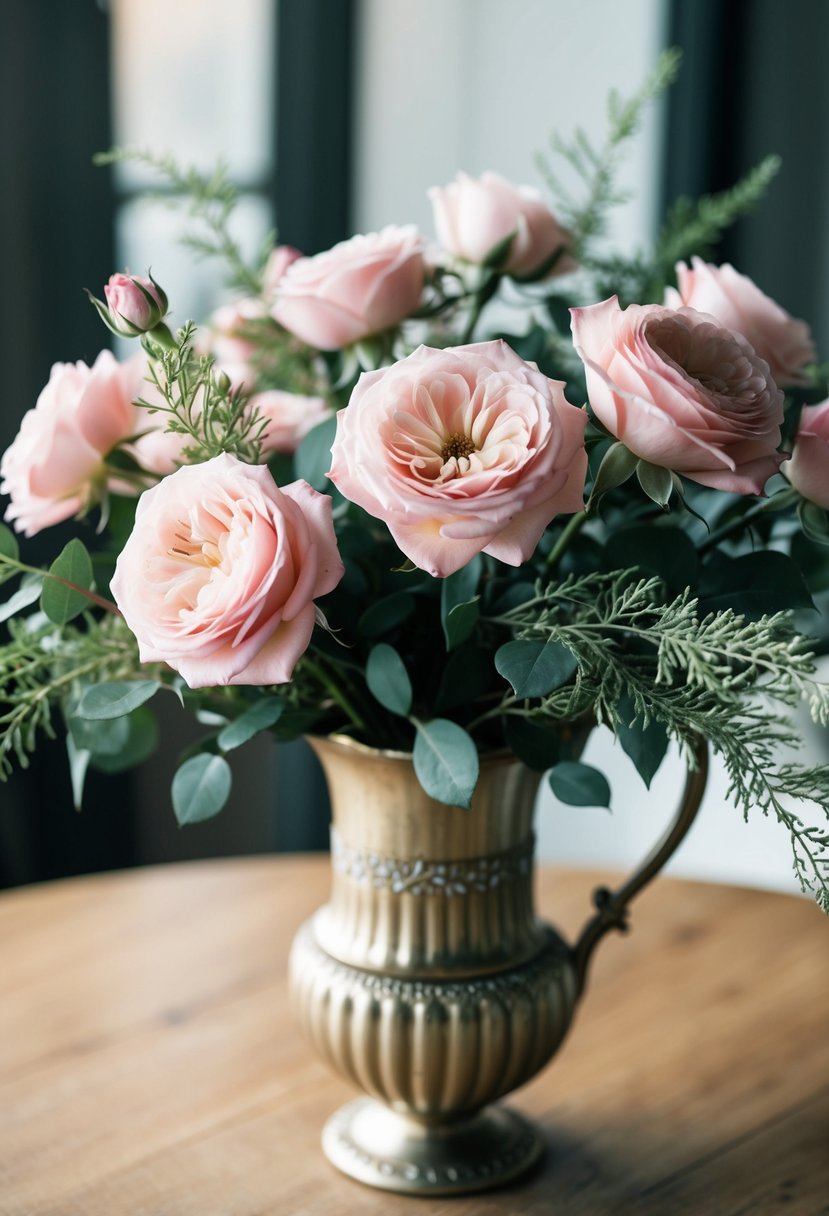 A lush bouquet of blush pink roses arranged with delicate greenery in a vintage-style vase