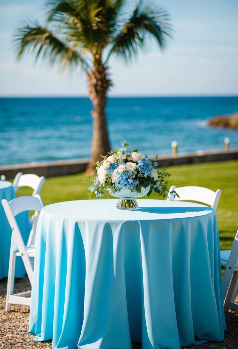 Light blue tablecloths draped over outdoor wedding tables by the seaside