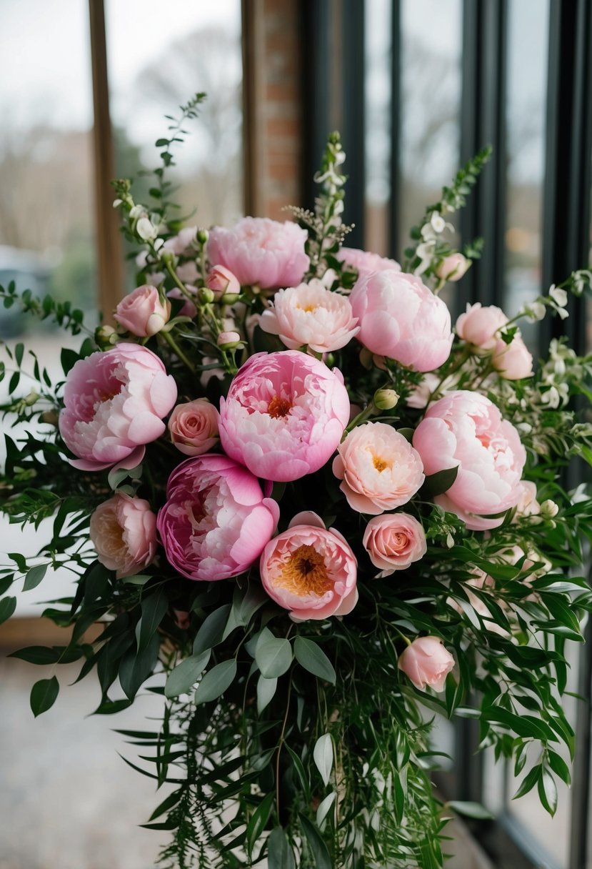 A lush bouquet of pink peonies and roses, arranged in a cascading style with greenery accents