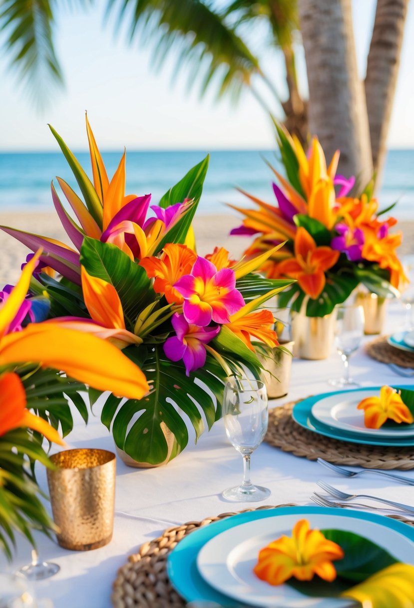 Tropical flowers in vibrant hues adorn outdoor wedding tables by the beach, adding a colorful and exotic touch to the decor