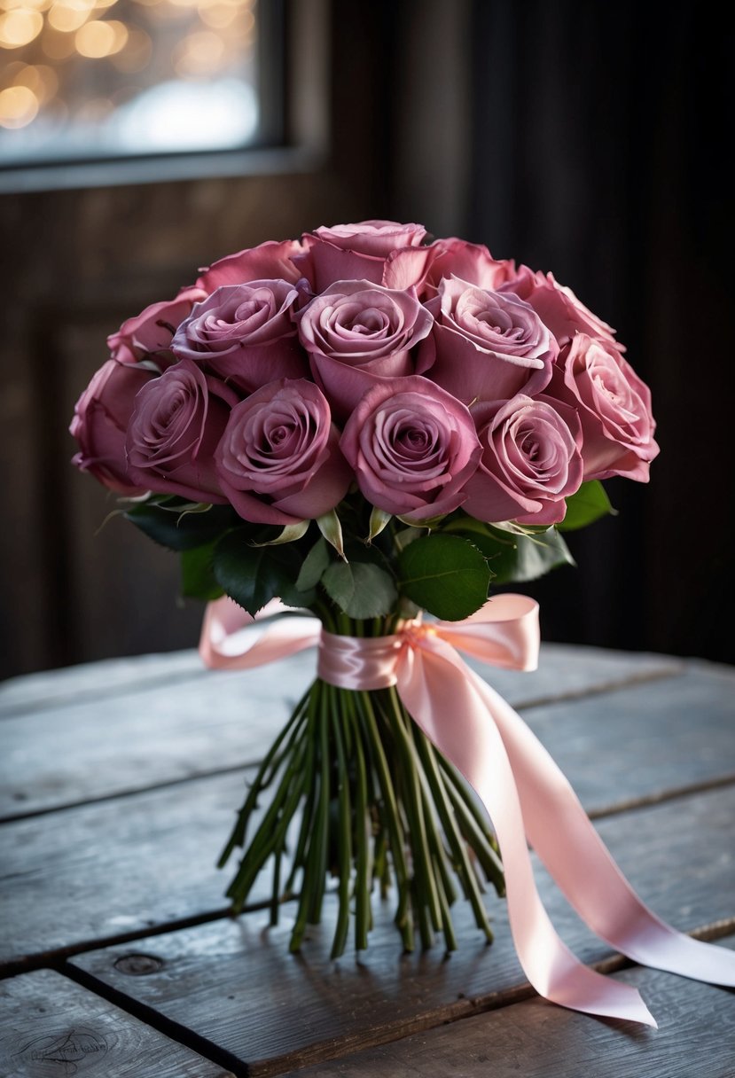 A bouquet of dusky rose winter charm pink roses, tied with satin ribbon, rests on a rustic wooden table