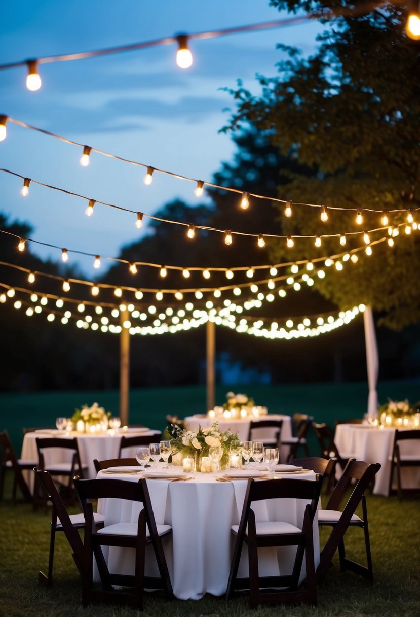 Overhead string lights cast a magical evening glow, illuminating outdoor wedding table decorations