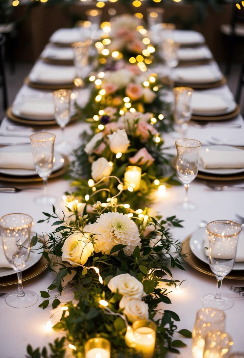 A table adorned with delicate fairy lights woven around floral centerpieces and cascading down the sides, creating a magical and enchanting atmosphere