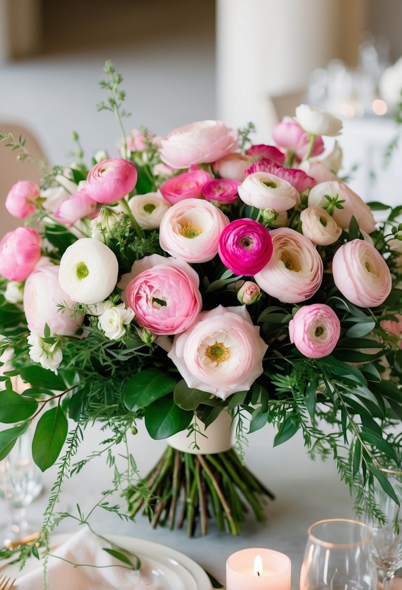 A lush bouquet of pink ranunculus and roses, layered with delicate greenery, arranged in a romantic and elegant wedding centerpiece