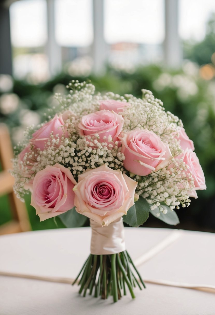 A delicate mix of pink roses and baby's breath arranged in a timeless wedding bouquet