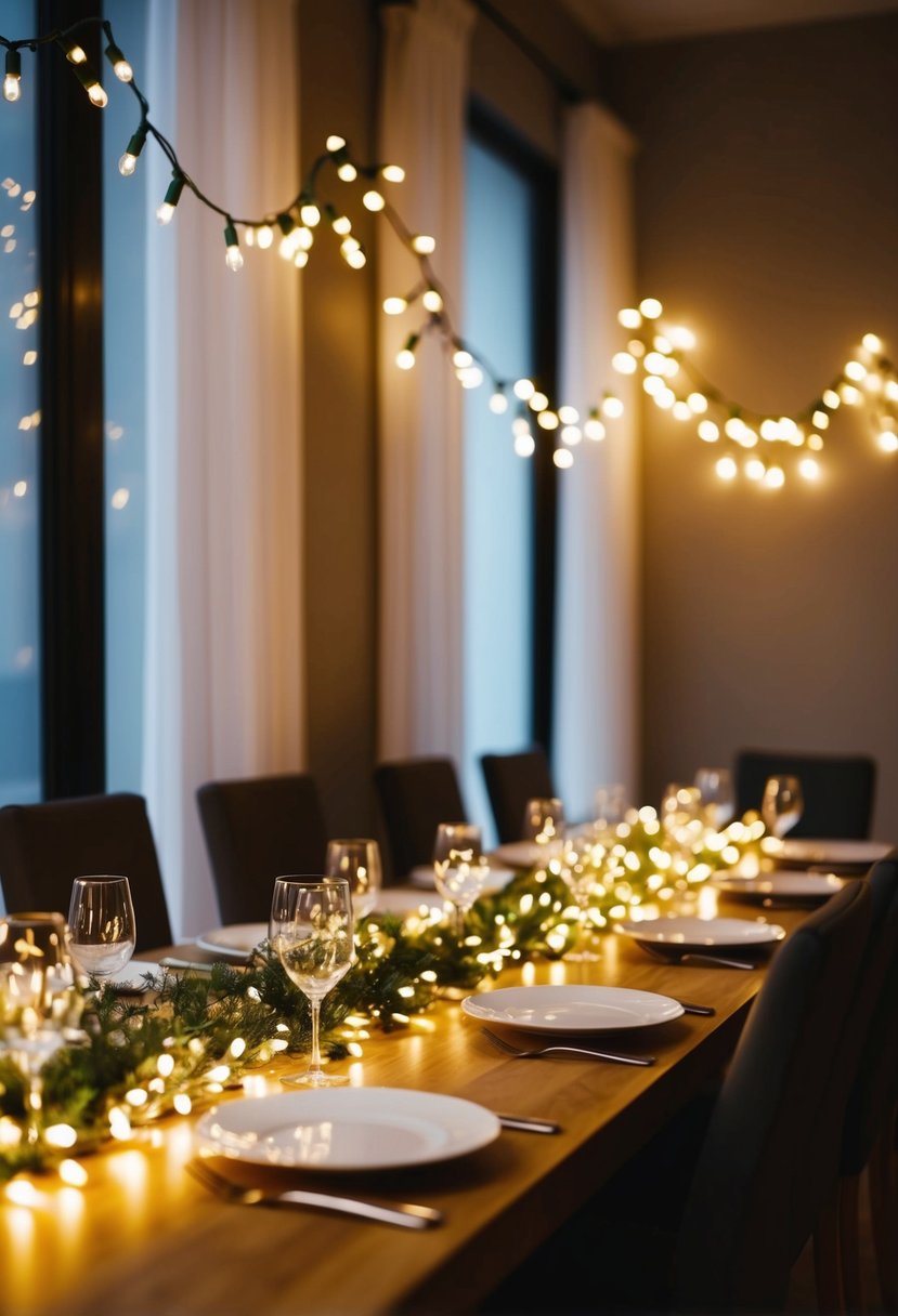 Fairy lights draped along the dining table emit an ethereal glow