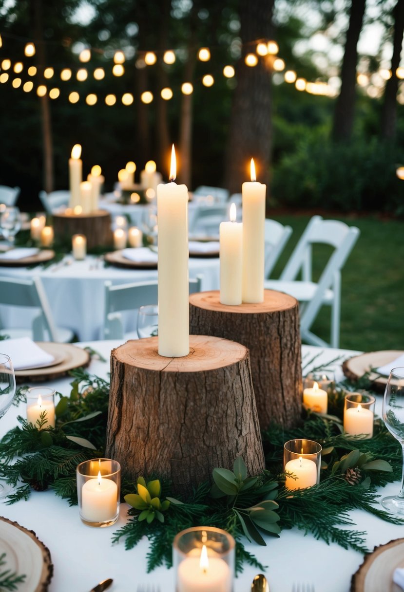 Tree stumps topped with candles, surrounded by greenery, adorn outdoor wedding tables