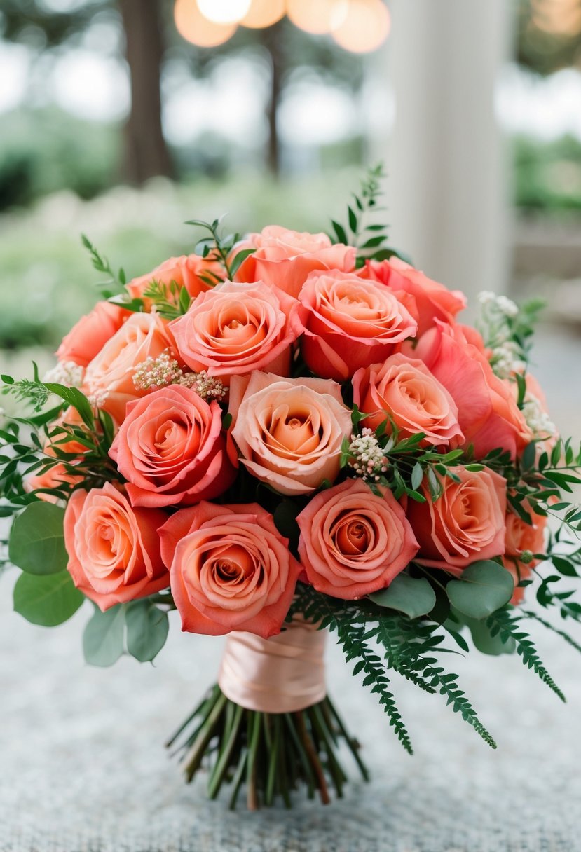 A chic coral pink fusion rose wedding bouquet with greenery