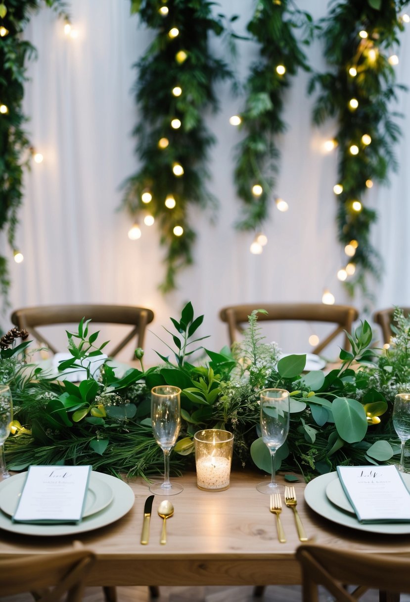 A table adorned with lush greenery and twinkling fairy lights, creating a natural and enchanting wedding table decoration