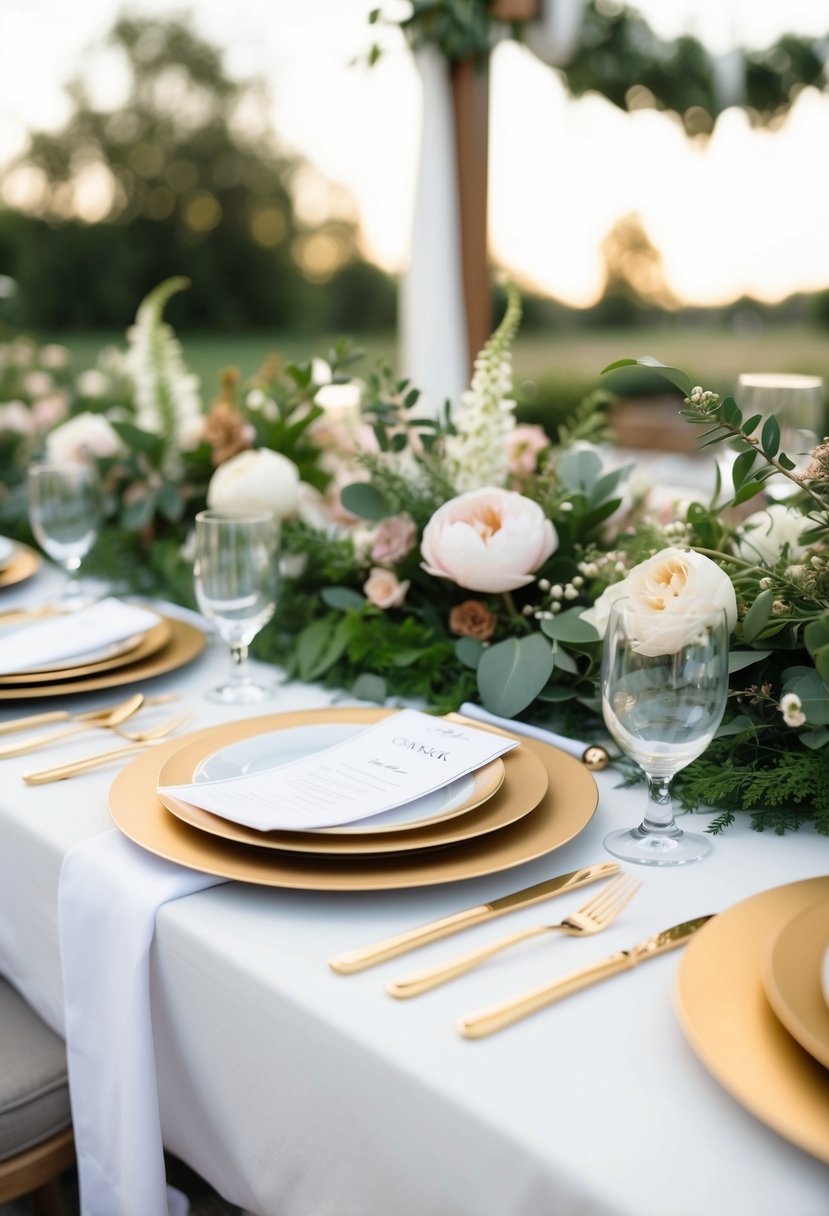 Gold chargers set on a white table with floral centerpieces and greenery, surrounded by outdoor scenery