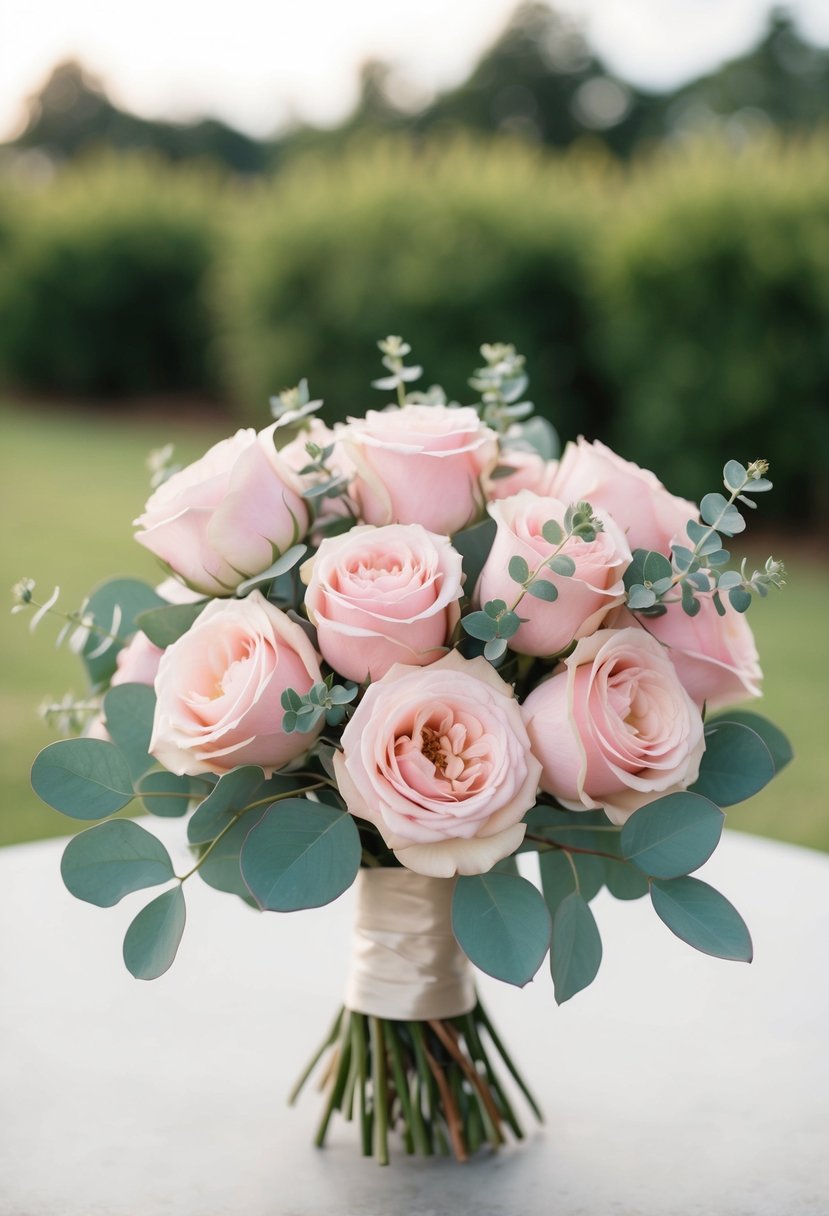 A delicate wedding bouquet of pink roses and eucalyptus, with a dreamy and romantic feel