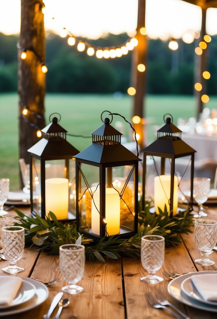 String lights wrapped around lanterns on a rustic wooden table, creating a warm and cozy centerpiece for a wedding reception