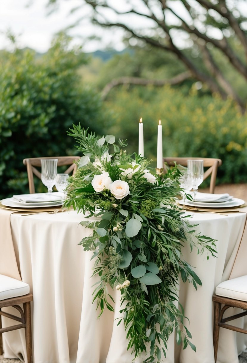 A table adorned with lush greenery and elegant neutral linens, set against a natural outdoor backdrop