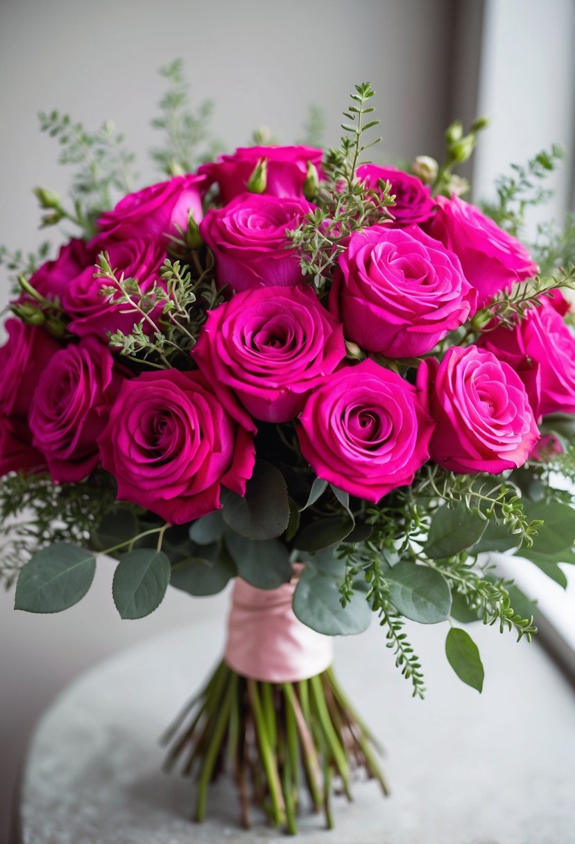 A lush bouquet of fuchsia pink roses entwined with delicate greenery, arranged in a romantic and whimsical style