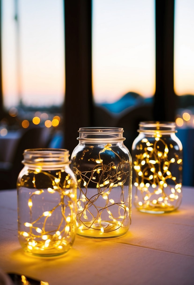 Glass jars filled with fairy lights glow on a wedding table, casting an enchanting and whimsical ambiance