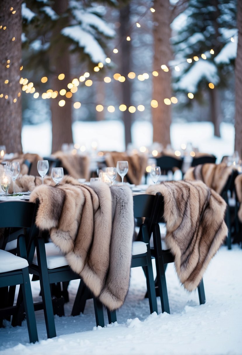 Fur-lined blankets draped over outdoor seating at a winter wedding, surrounded by snow-covered trees and twinkling lights