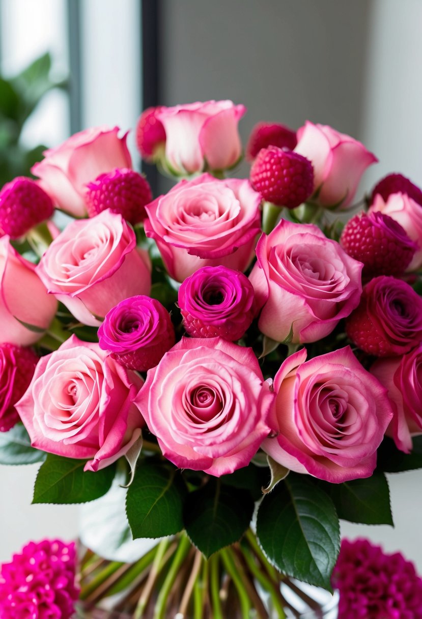 A vibrant bouquet of pink roses and raspberry accents, arranged in a modern and elegant style