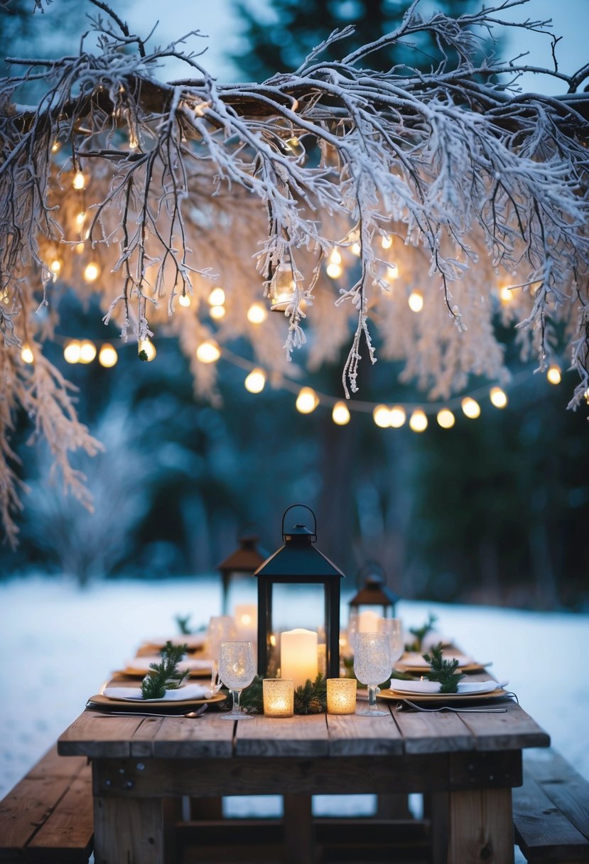 Frosted branches drape over a rustic wooden table adorned with lanterns and twinkling lights, creating a cozy winter ambiance for an outdoor wedding celebration