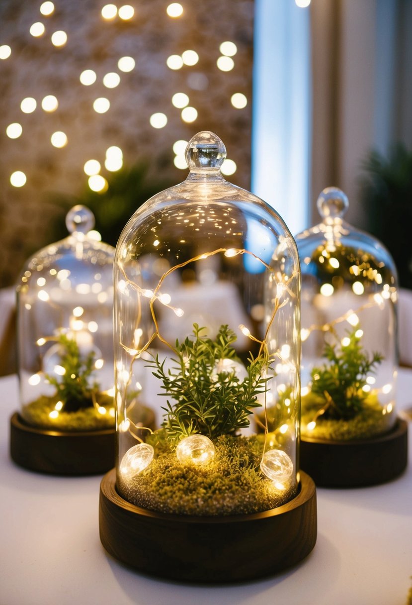 Fairy lights twinkle inside glass terrariums, creating a magical centerpiece for a wedding table