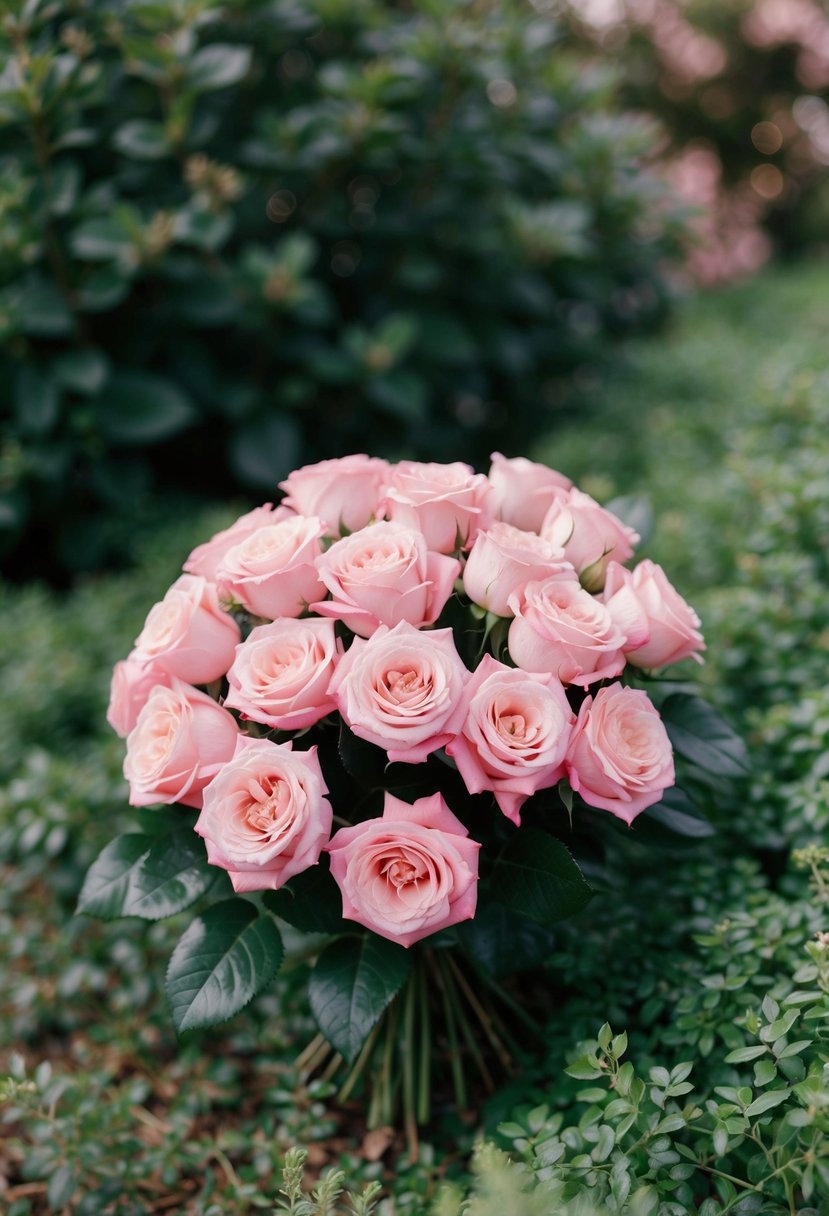 A lush bouquet of pink roses nestled among soft greenery