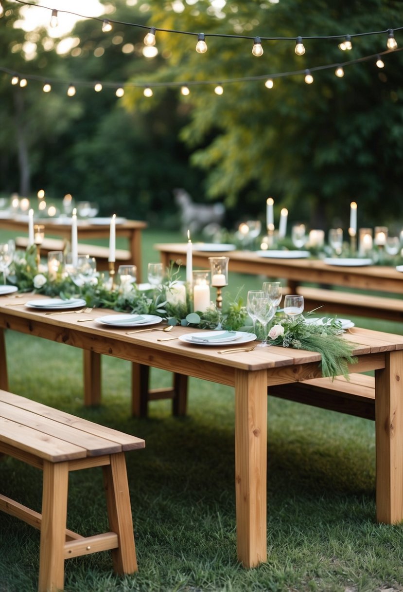 Wooden benches arranged around a rustic outdoor wedding table, adorned with natural greenery and soft candlelight