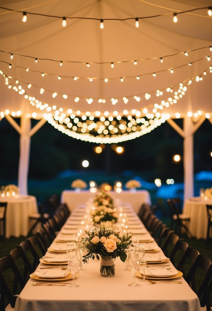 Fairy lights drape overhead, casting a warm glow over the wedding table, creating a dreamy and romantic atmosphere