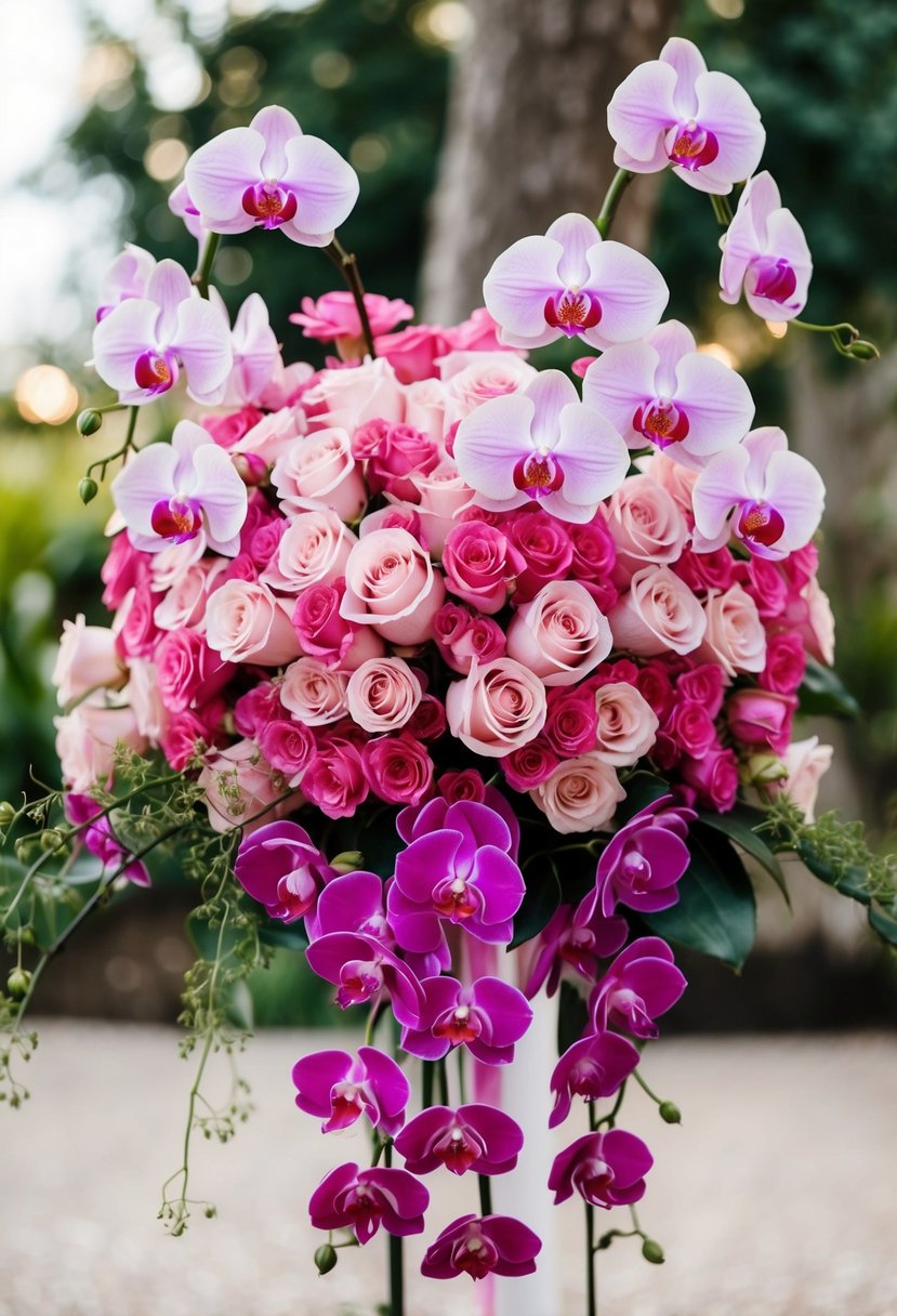 A lush bouquet of cascading pink roses and delicate orchids