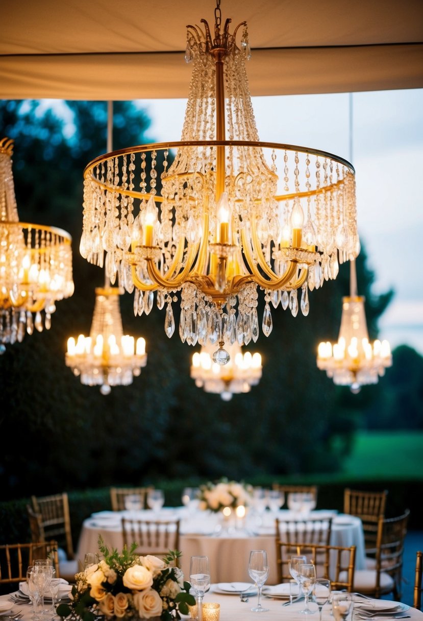 Hanging gold chandeliers illuminate a vintage outdoor wedding table, creating a glamorous and elegant atmosphere