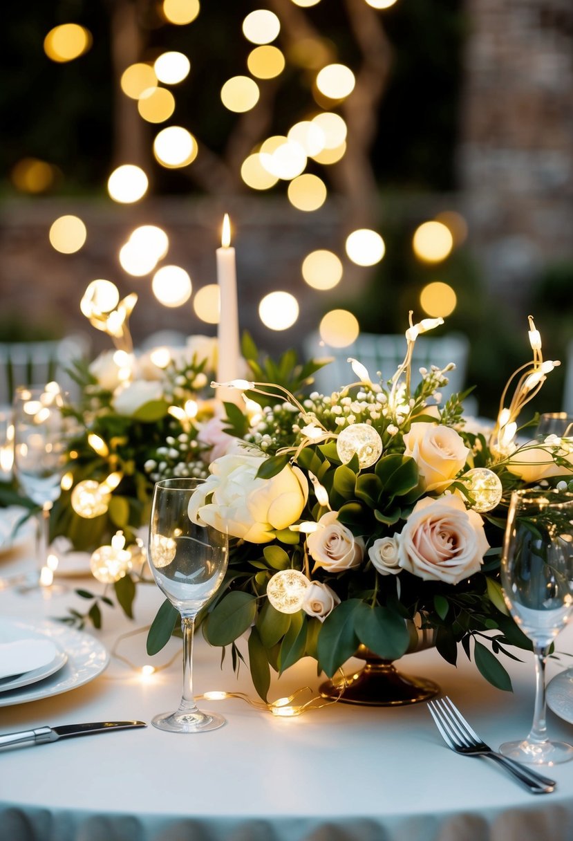 Fairy lights intertwine with floral arrangements on a wedding table, adding sparkle and enchantment to the scene