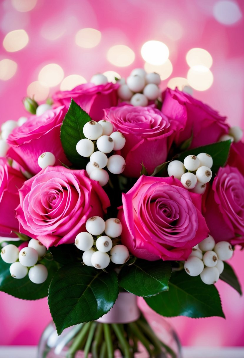 A bouquet of pink roses with white berry accents, arranged in a playful and whimsical manner