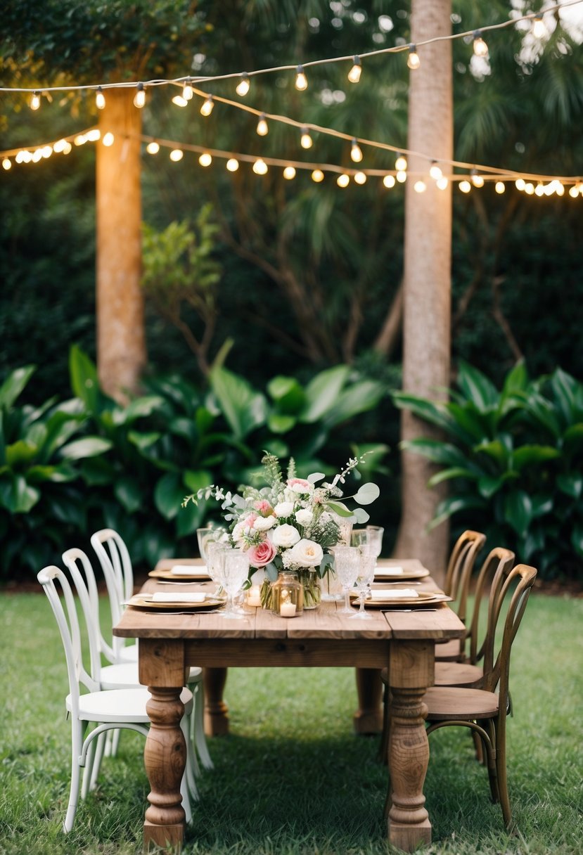 A rustic wooden table adorned with floral centerpieces and vintage photo props, set against a backdrop of lush greenery and twinkling string lights