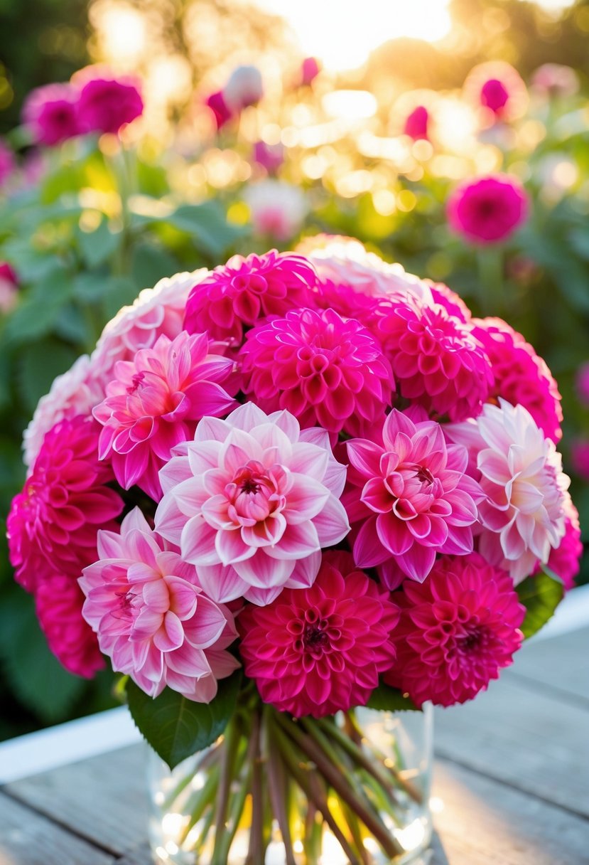 A vibrant bouquet of pink dahlias and roses glowing in the sunlight