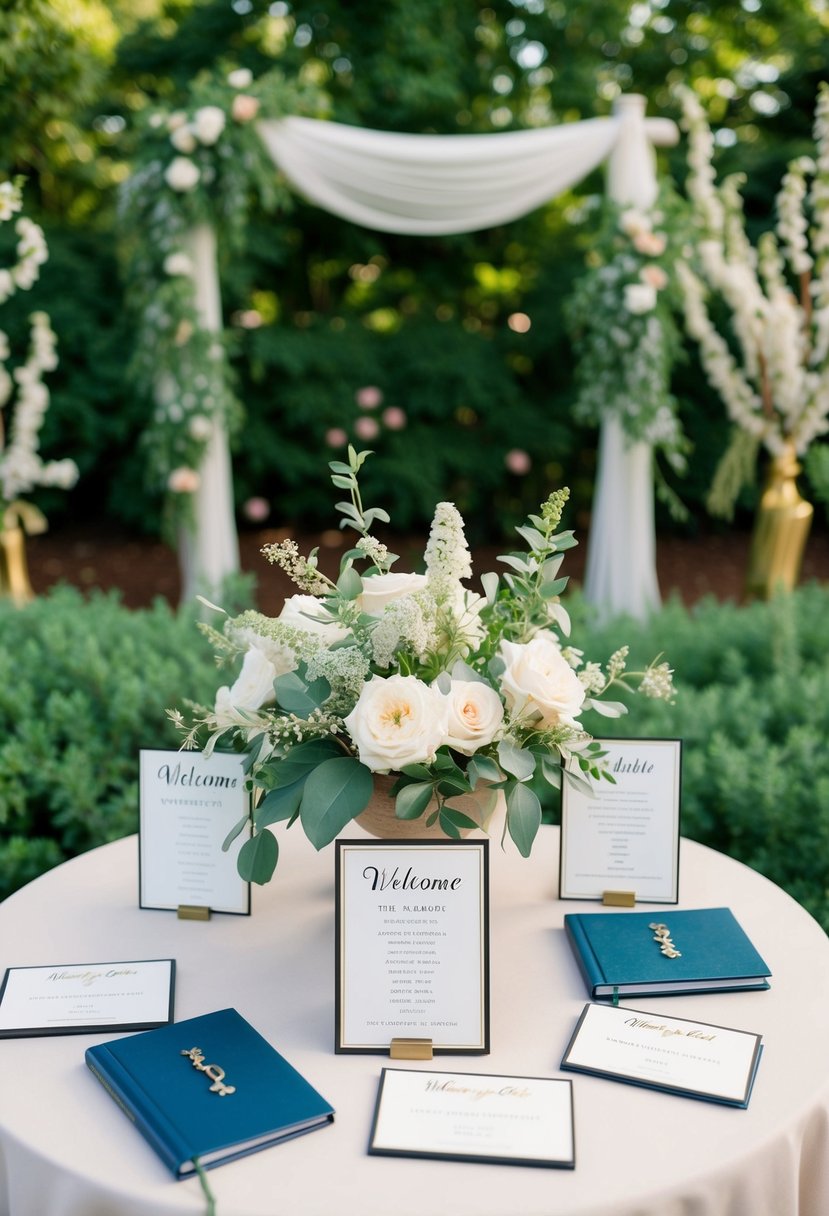 The welcome table is adorned with escort cards and guest books, set against a backdrop of lush greenery and delicate outdoor wedding decor