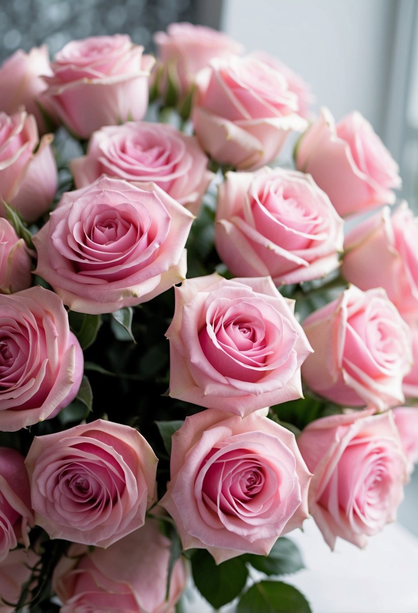 A delicate bouquet of pink roses arranged in layers, creating a sense of depth and intrigue