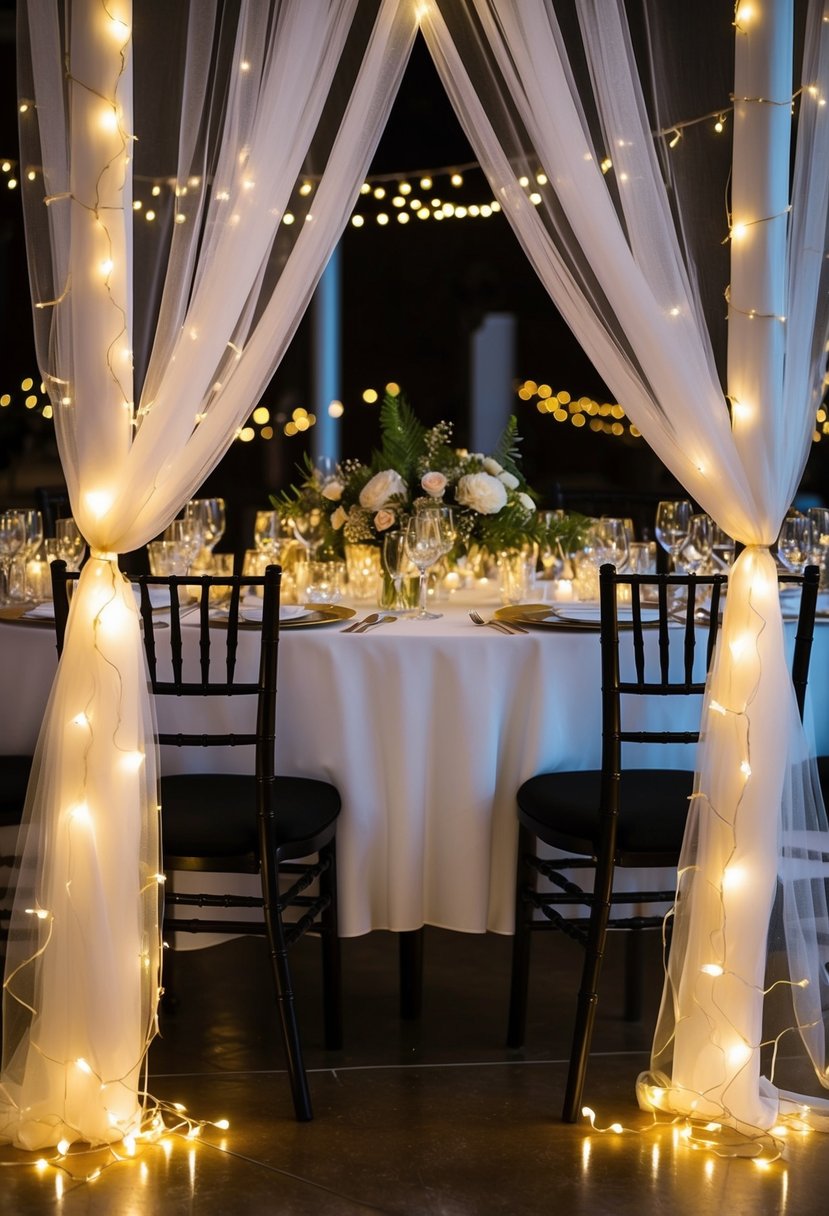 Fairy lights intertwined with tulle draped over a wedding table, creating a whimsical and enchanting ambiance