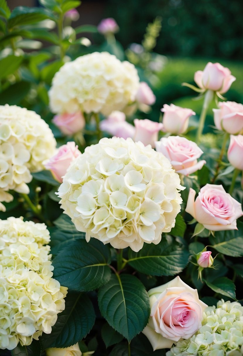 A lush garden filled with creamy hydrangeas and pink roses, arranged for a wedding bouquet