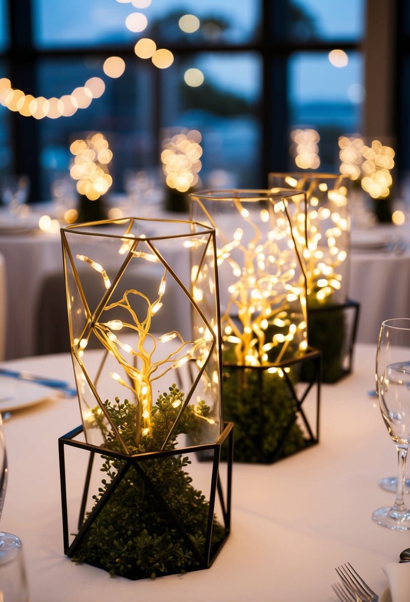 Fairy lights twinkle inside geometric holders, adorning wedding tables with a modern touch