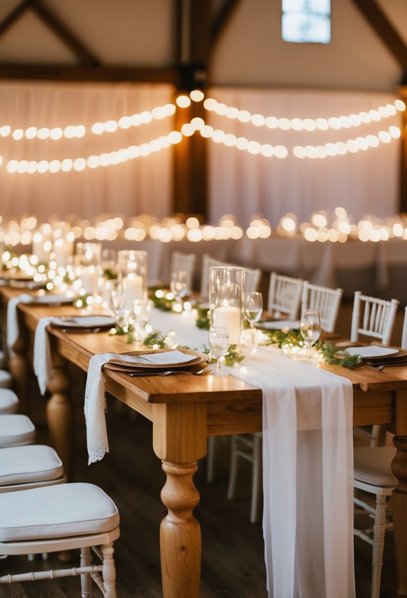 Fairy lights wrap around table edges, creating an elegant wedding decoration