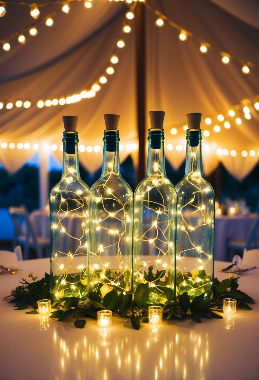 Decorative bottles filled with fairy lights illuminate a wedding table, creating a whimsical and enchanting atmosphere