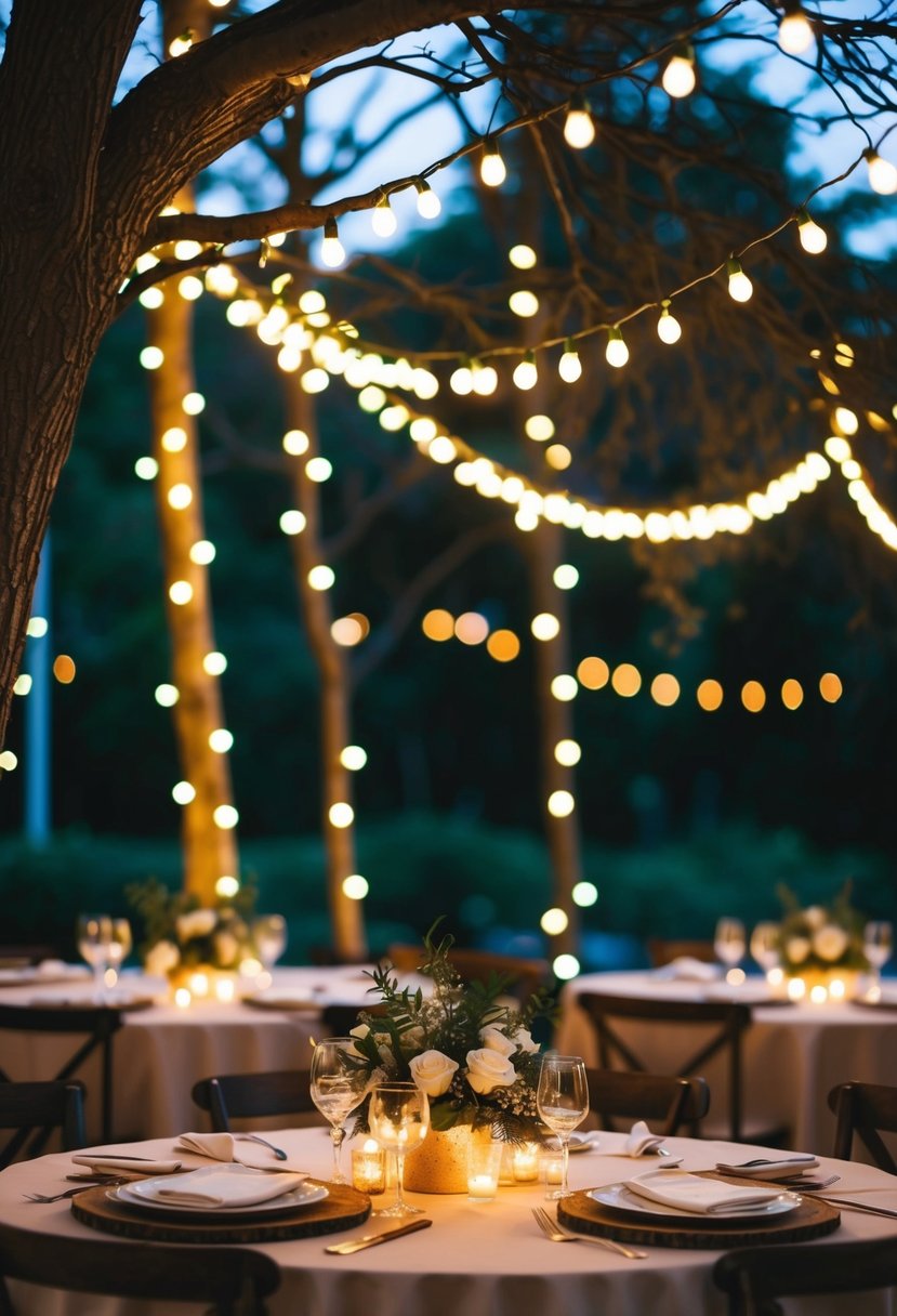 Fairy lights drape over tree branches, casting a warm glow for a rustic wedding table decoration