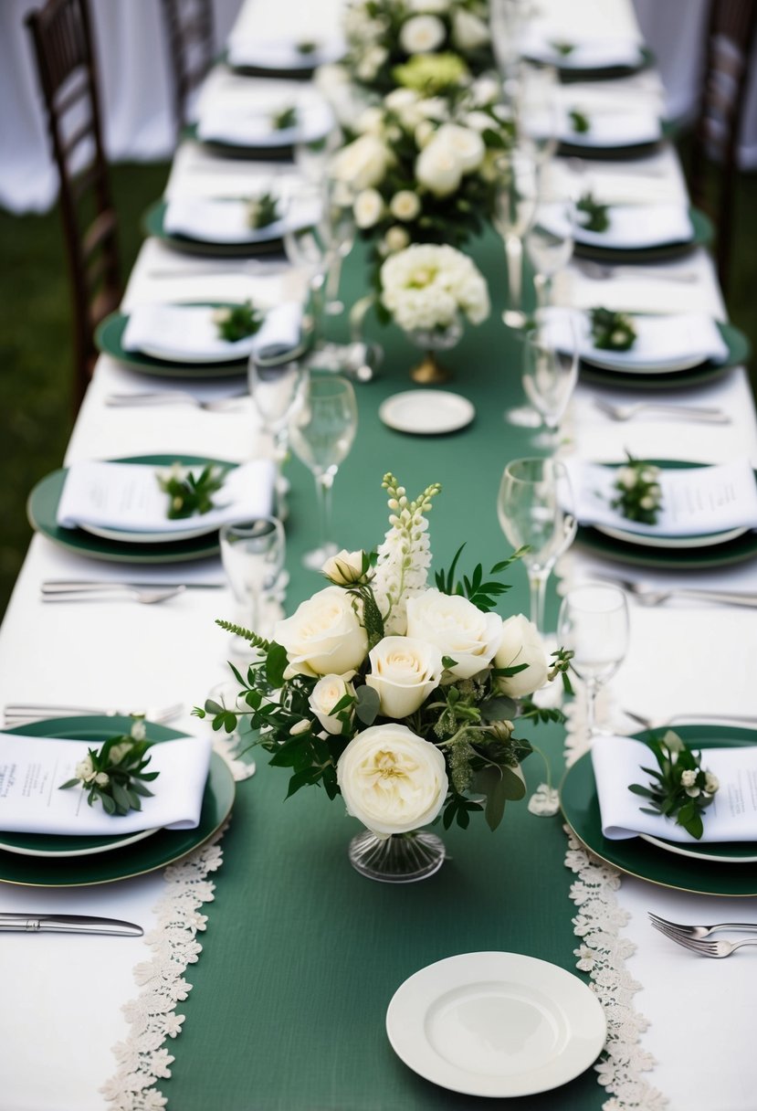 A green and white themed wedding table with floral centerpieces, elegant place settings, and delicate lace table runners