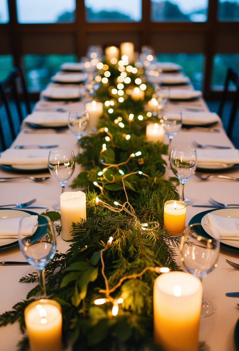 Fairy lights woven through greenery on a wedding table, surrounded by flickering candles for a warm, romantic glow