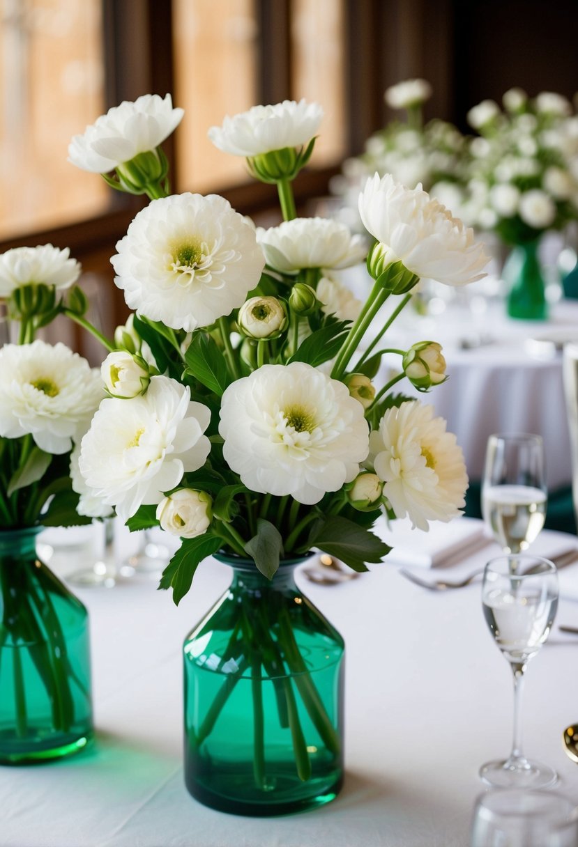 A cluster of white blooms in green vases adorns a wedding table