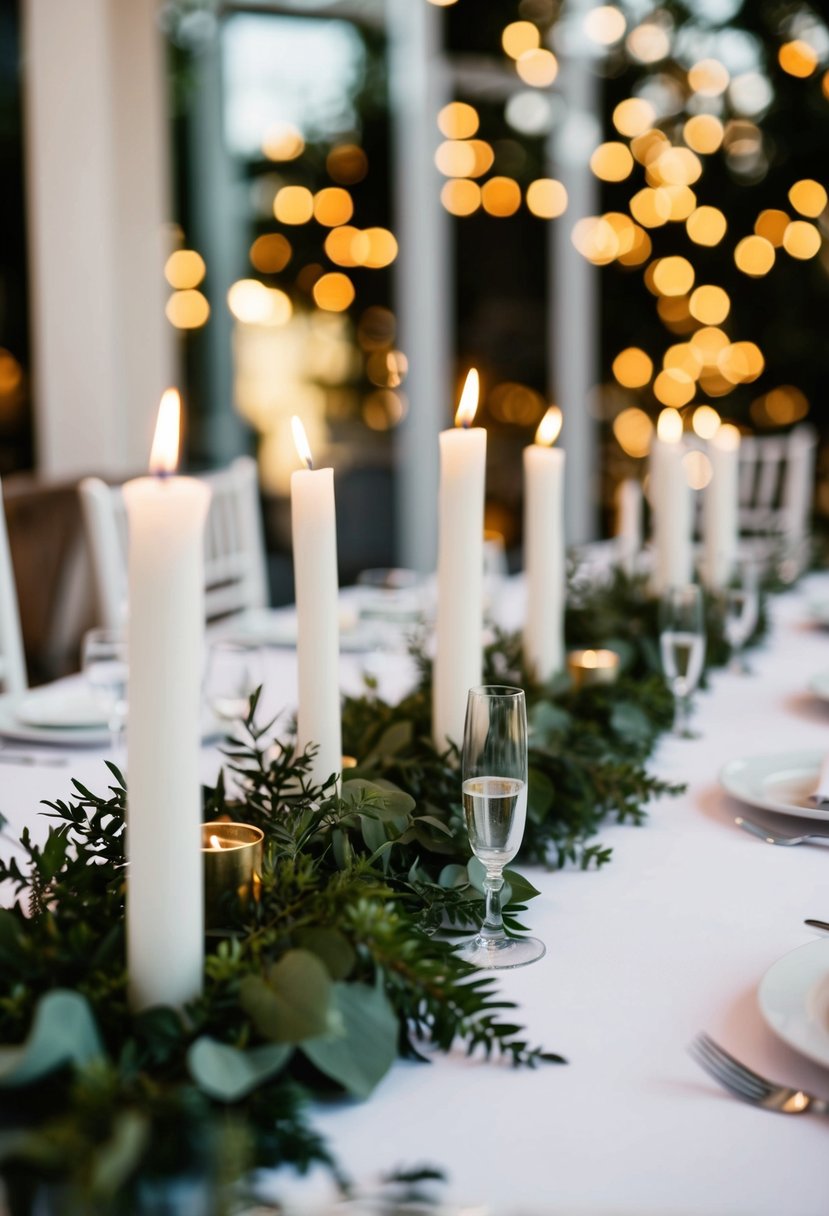 A white table with greenery and candles, no flowers