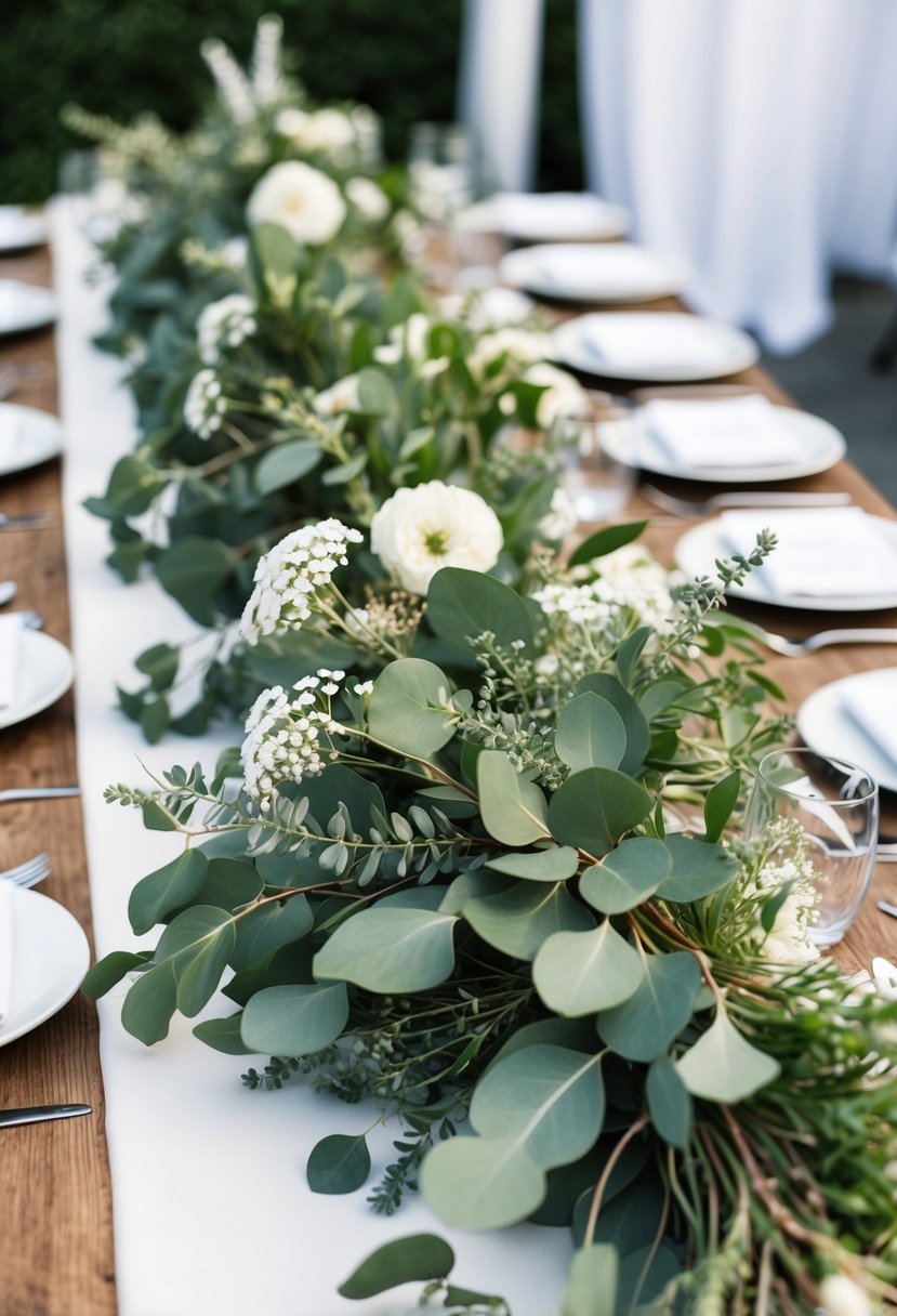 A table adorned with eucalyptus bunches and wildflowers for a green and white wedding decoration