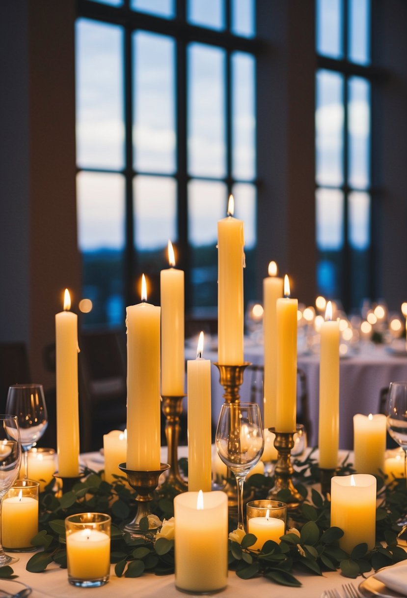 Candles of varying heights arranged on a wedding table, creating an elegant and romantic atmosphere