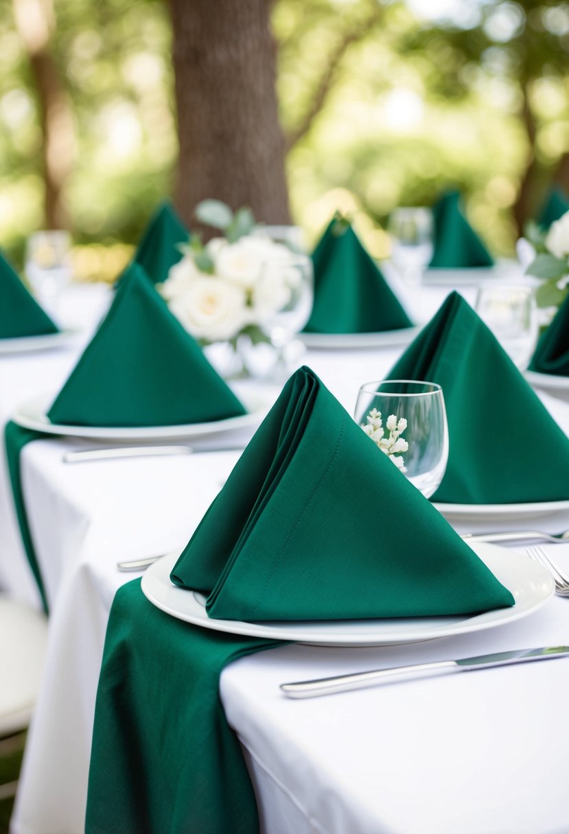 Hunter green napkins neatly folded on a crisp white tablecloth, creating an elegant and classic wedding table decoration