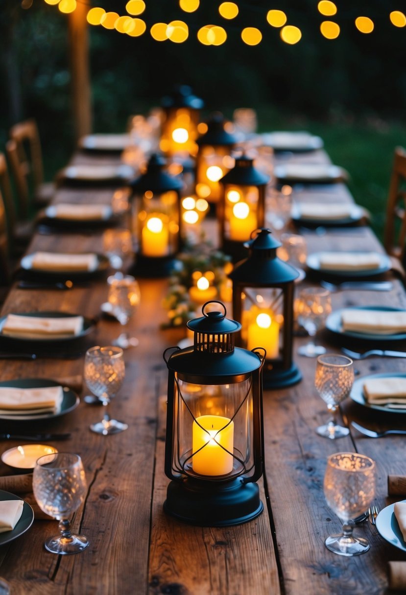 A rustic wooden table adorned with vintage lanterns emitting a warm glow from their LED lights, creating a romantic ambiance for a wedding celebration