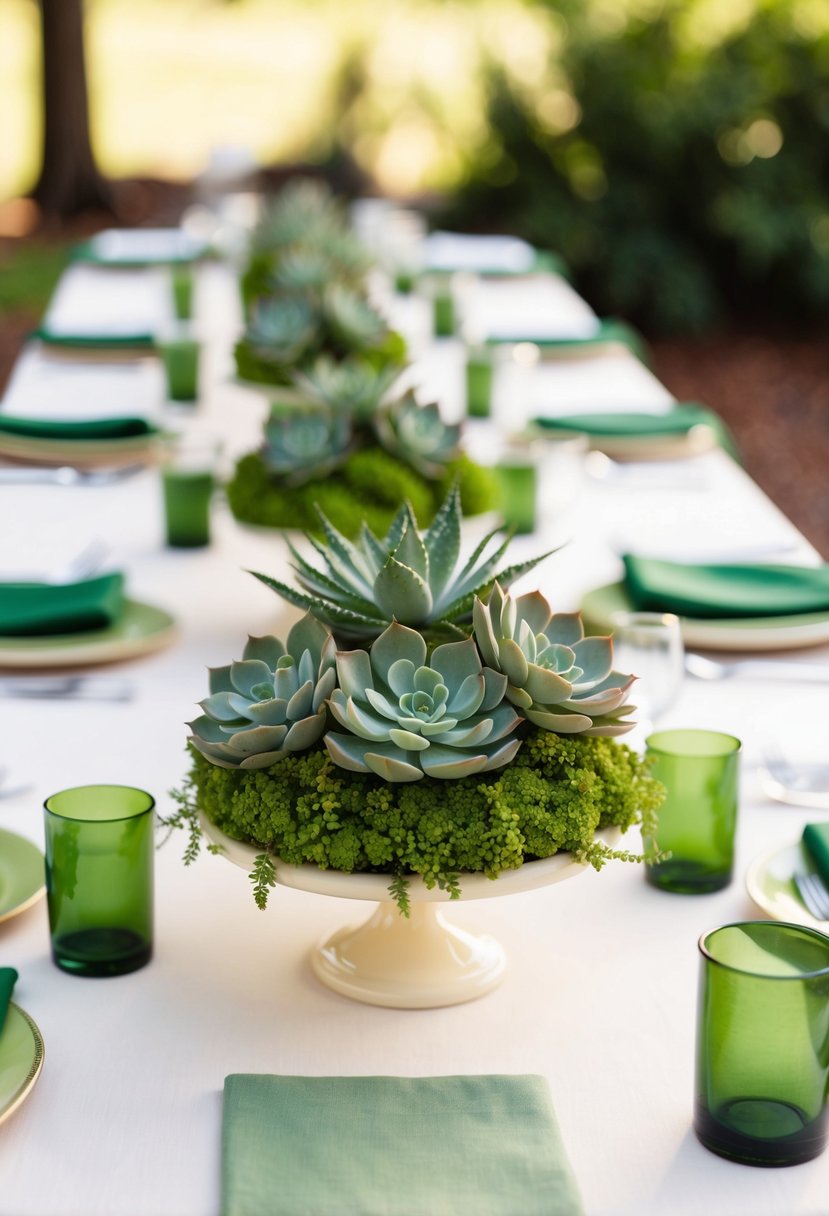 Succulent centerpieces adorn a cream-colored table setting for a green and white wedding